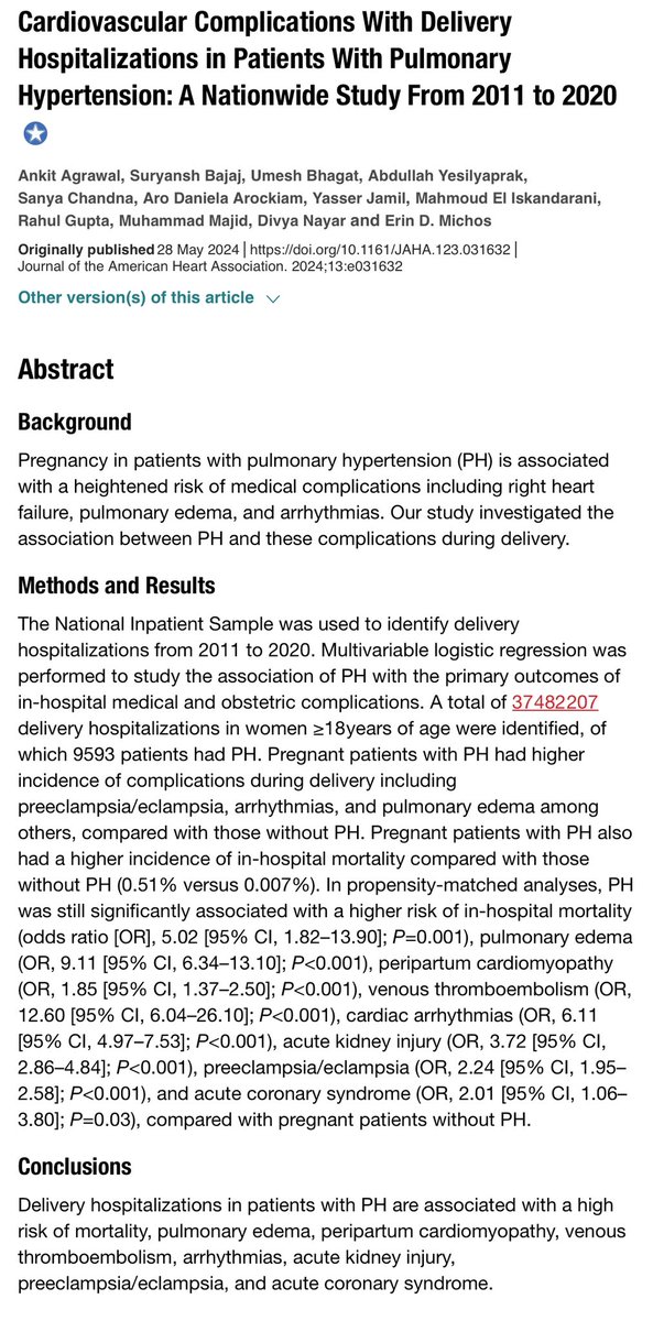 Ankit Agrawal (@ankitagrawalmd) on Twitter photo Excited to share our work published in <a href="/JAHA_AHA/">JAHA</a>.
Thank you so much Dr. <a href="/ErinMichos/">Erin D. Michos, M.D.</a> for the guidance and support <a href="/CardioOb/">Cardio-Obstetrics</a>
❗️High risk of mortality, preeclampsia/eclampsia, peripartum cardiomyopathy, AKI, Pulm edema, VTE, and arrhythmias during delivery admissions in pulm HTN Excited to share our work published in <a href="/JAHA_AHA/">JAHA</a>.
Thank you so much Dr. <a href="/ErinMichos/">Erin D. Michos, M.D.</a> for the guidance and support <a href="/CardioOb/">Cardio-Obstetrics</a>
❗️High risk of mortality, preeclampsia/eclampsia, peripartum cardiomyopathy, AKI, Pulm edema, VTE, and arrhythmias during delivery admissions in pulm HTN