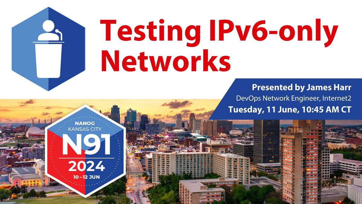 TeamARIN's tweet photo. Today at 10:45 AM CT, @Internet2’s James Harr will present at #NANOG91 on the need to look at ways to run networks that are largely #IPv6-only and to start testing #IPv6only technologies. @nanog https://t.co/OybNcKzDx1