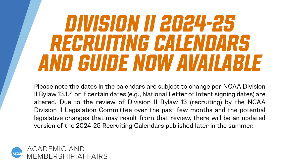 NCAACompliance's tweet photo. Check out the 2024-25 NCAA Division II recruiting calendars and guide ⬇️

🔗https://t.co/aTrR7ClArt https://t.co/GQd7I2O2B4