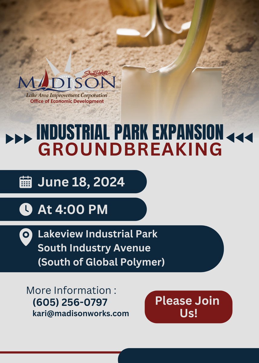 Join us on June 18, 2024, at 4 PM for the groundbreaking ceremony of the Lakeview Industrial Park expansion! 

📅: June 18, 2024 
🕓: 4:00 PM 
📍: Lakeview Industrial Park, south of Global Polymer

Details: madisonworks.com/news/lakeview-…