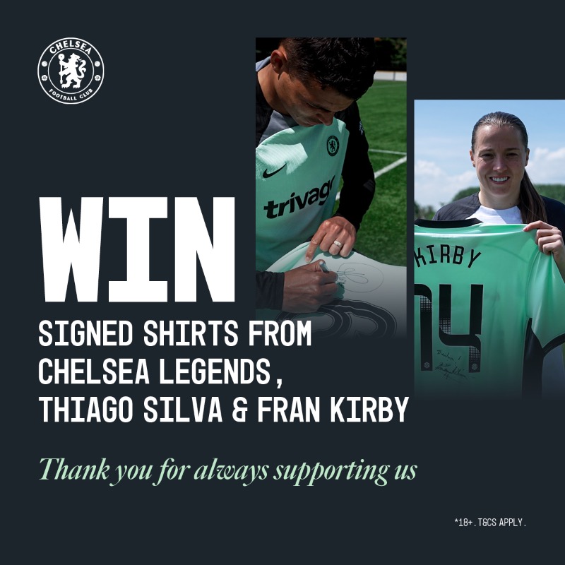 ChelseaFC's tweet photo. 🚨 Blues fans, you can win a signed shirt from either Thiago Silva or Fran Kirby by entering this competition... 👇