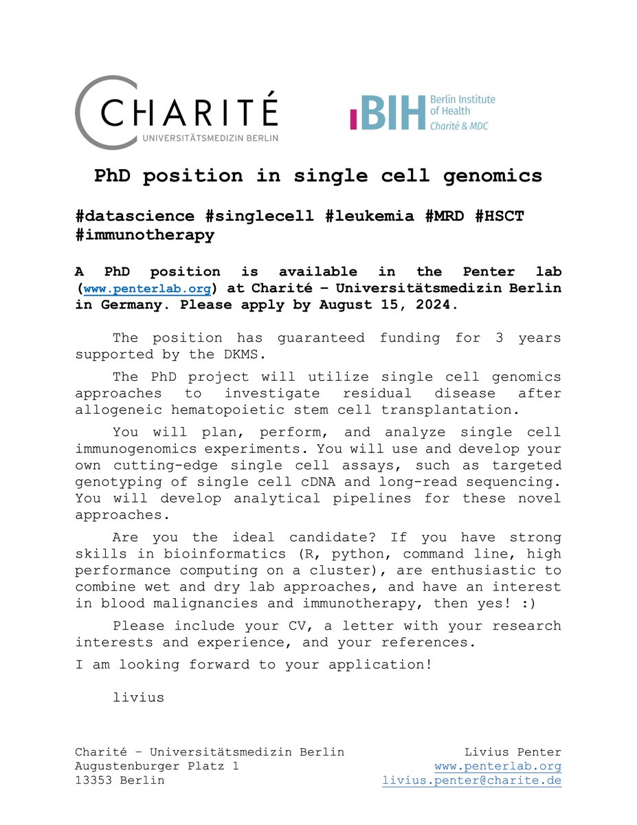 💡#PhD position in #singlecell #genomics at Penter lab. ‼️

Come and join us in Berlin! 

penterlab.org