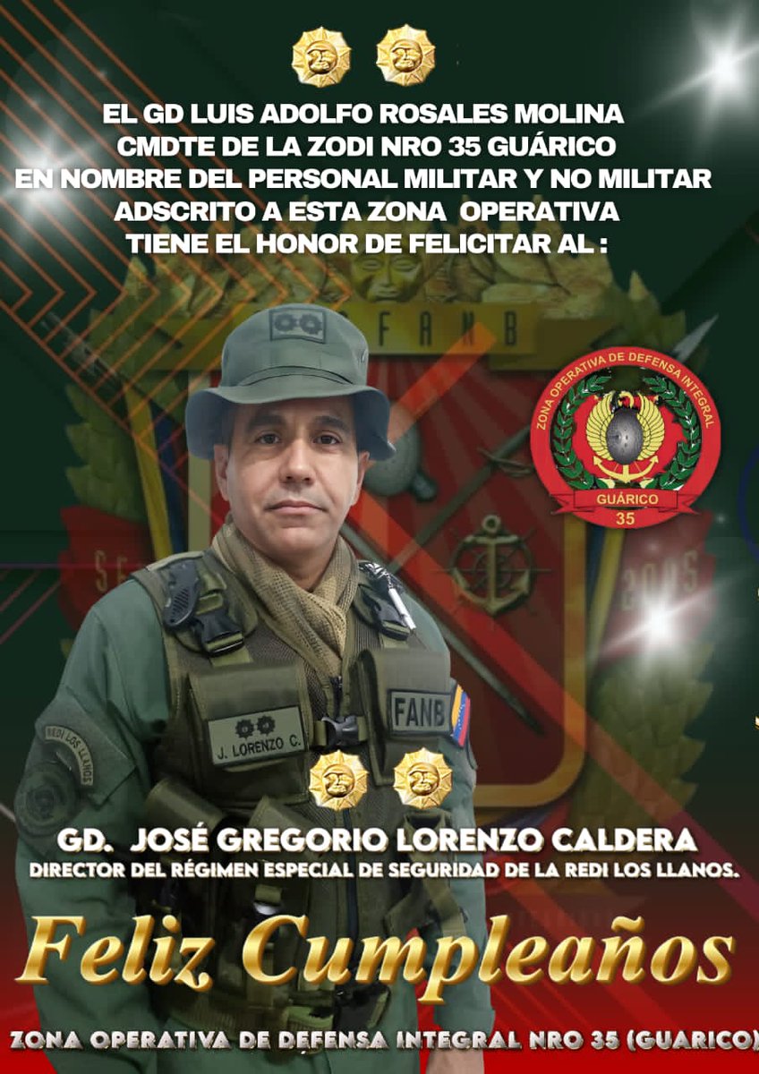 Zod_Guarico_3_5's tweet photo. El GD. Luis Rosales Molina, Comandante de la #ZODIGuárico N° 35, en nombre del Personal Militar y No Militar de este comando, tiene el inmenso Honor de enviar palabras de felicitaciones al GD. José Lorenzo Caldera, Dir. del RES de la #REDILL, por su cumpleaños. FELIZ CUMPLEAÑOS https://t.co/byTRCNDw1Y