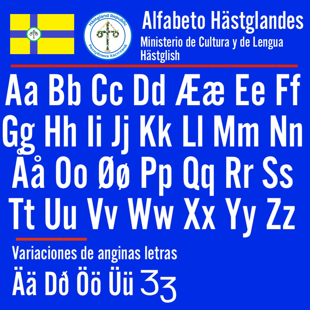 HastglandiaGOB's tweet photo. Este es el alfabeto del Hästglish. Poco a poco comenzaremos a dar más importancia a este idioma.
#hästglandia #collan #idioma #micronacion https://t.co/0XRTmTjVdQ
