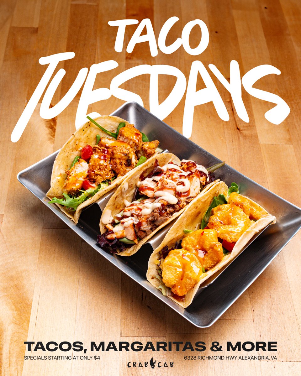 Taco Tuesday is here at Crab Cab! Tacos for $4 and Margaritas for only $6!

Come see us today in Alexandria, VA!
