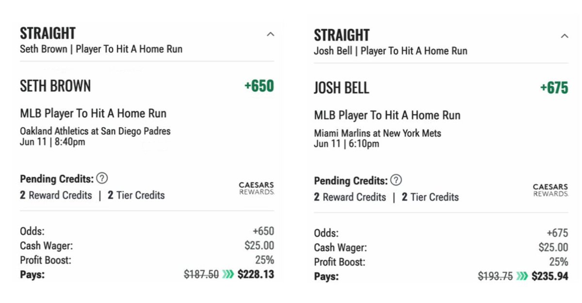 EdgePlayBook's tweet photo. #BetInPublic #SteadyEdge we switch to #Caesars #DingerTuesday (2 x 25% Profit Boost) while waiting for the #FanDuel odds to improve. We come up with two ideas that are about -5% EV before the boost and 15% EV after
1⃣ #SethBrown +650 ↗️ + 812.5
2⃣ #JoshBell +675 ↗️ +843.75
#GamblingX #EVBetting