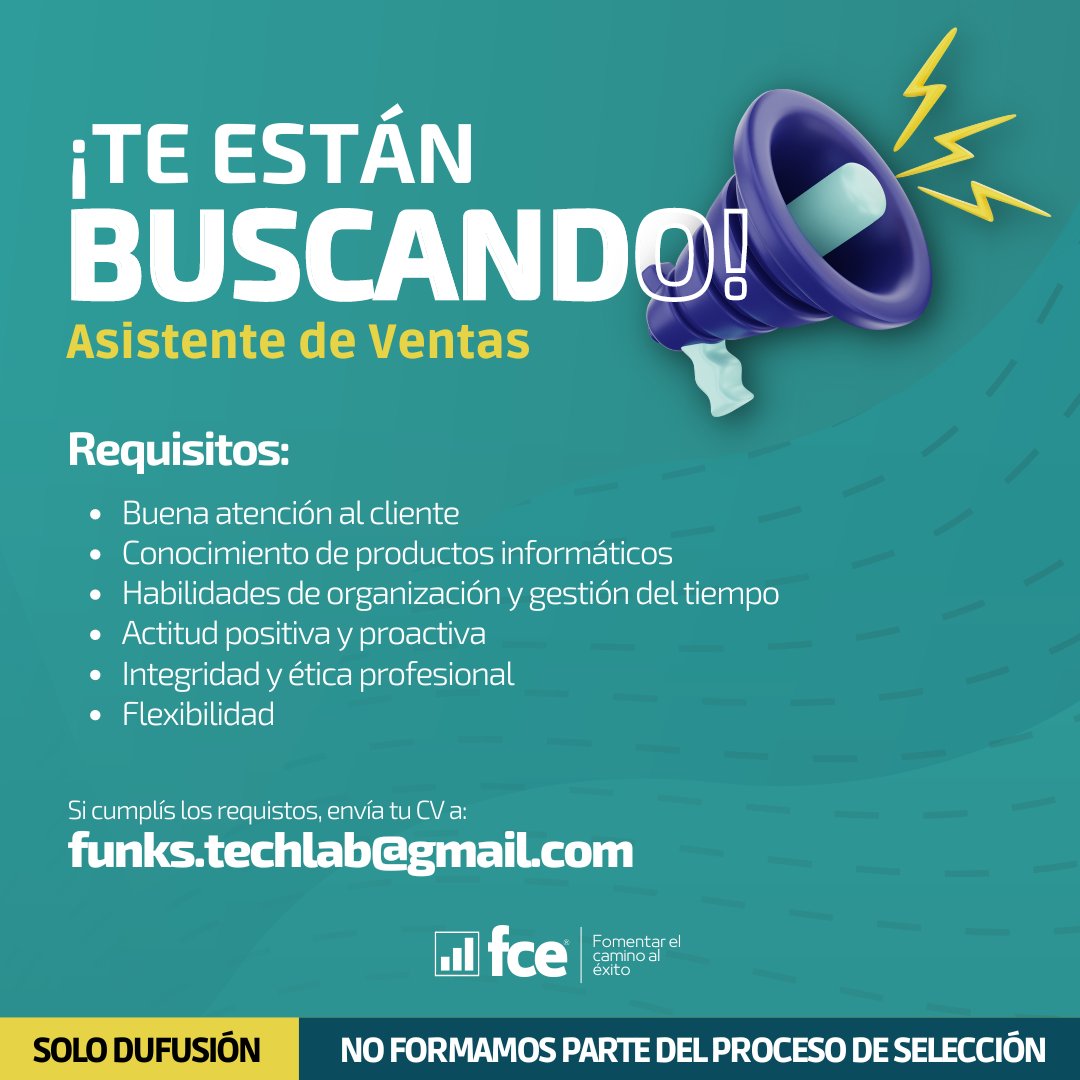 #HayTrabajoPy 🇵🇾
Hay nuevas vacantes, si cumplís los requisitos ¡Postulá!
Si querés recibir nuestras alertas de vacancias, escribinos a nuestro WhatsApp (0972) 665 915