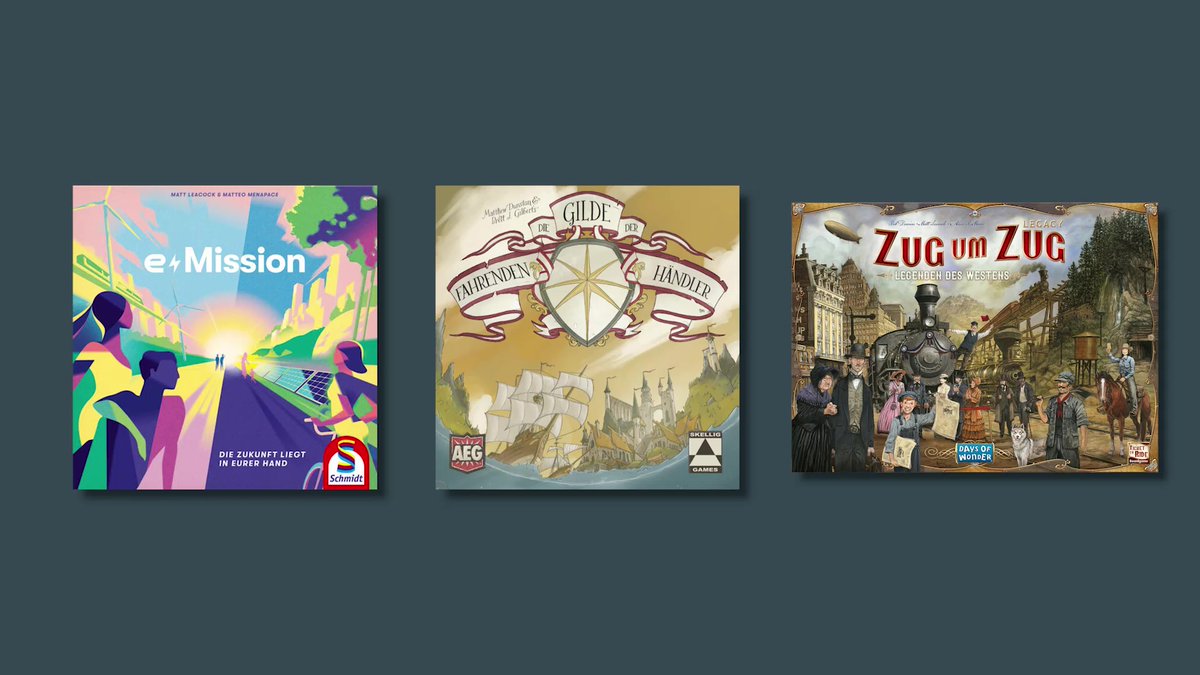 Nominiert für das Kennerspiel des Jahres 2024: e-Mission (Schmidt), Die Gilde der fahrenden Händler (Skellig Games/AEG), Zug um Zug Legacy – Legenden des Westens (Days of Wonder)