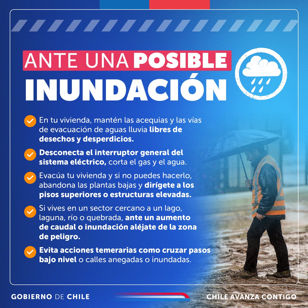 Ante precipitaciones, evita cruces arriesgados en cauces, canales y esteros. No te acerques a sectores cordilleranos cuando las condiciones meteorológicas son desfavorables.

No te expongas a situaciones de riesgo 🚫 y considera las recomendaciones de <a href="/Senapred/">SENAPRED</a>.