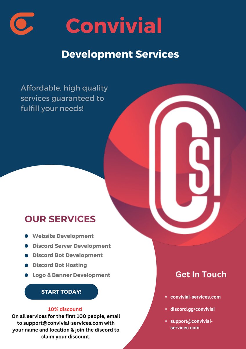 CVSDevelopment's tweet photo. Convivial Services is a leading tech company dedicated to transforming the digital landscape with our expertise in bot development, website building, and bot setup services. Our team of seasoned professionals excels in creating sophisticated, AI-driven bots designed to enhance customer interactions, streamline operations, and boost productivity. We specialize in developing custom bots that cater to a wide range of industries, ensuring they meet specific business requirements and objectives.

In addition to our bot development prowess, we offer comprehensive website building services. Our approach combines stunning design with robust functionality, resulting in websites that are not only visually appealing but also user-friendly and highly responsive. Whether you're looking to establish a new online presence or revamp an existing one, our solutions are tailored to deliver maximum impact.

Convivial Services also ensures that integrating these advanced technologies is a seamless experience. Our bot setup services guarantee that our bots function flawlessly within your systems, providing an uninterrupted and enhanced user experience. At Convivial Services, we are committed to delivering innovative, efficient, and reliable tech solutions that drive success and growth for our clients.
A  trial will surely convince you . You can join our discord server https://t.co/RDO1lyTnJx
or send a DM here on X