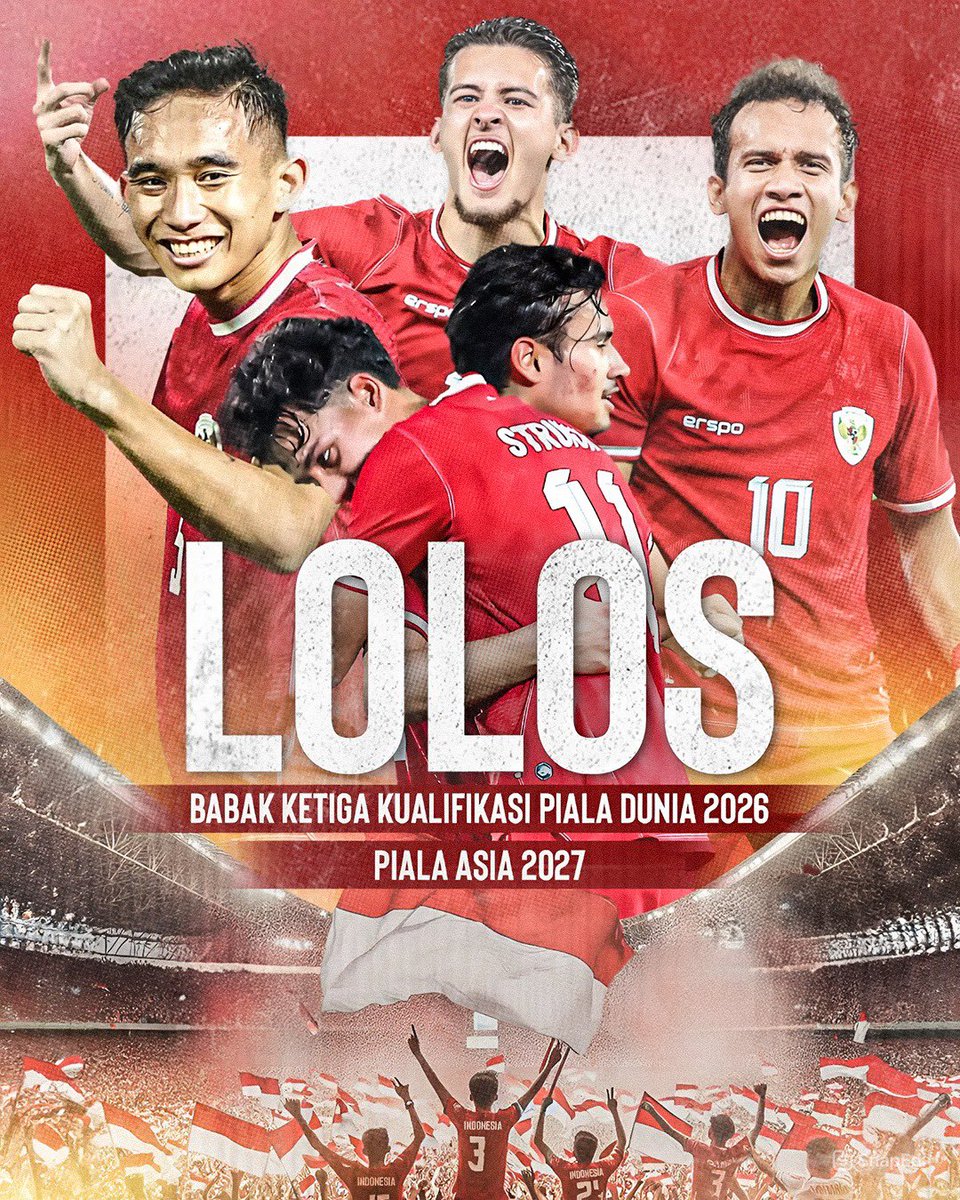 Alhamdulillah, Indonesia berhasil lolos ke babak ketiga Kualifikasi Piala Dunia 2026 zona Asia. Kemenangan atas Filipina sekaligus mengamankan tiket ke putaran final Piala Asia 2027. 

Terima kasih untuk seluruh pemain, ofisial, dan masyarakat Indonesia untuk doa dan dukungannya.
