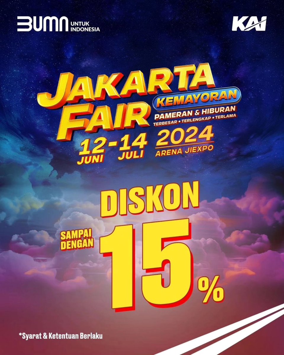 Sumiyati_52's tweet photo. PT Kereta Api Indonesia (Persero) Daop 1 Jakarta menghadirkan diskon 10 hingga 15 persen diacara Jakarta Fair Kemayoran (Hall C2 No.1) mulai dari 12 Juni – 14 Juli 2024.
Promo diskon berlaku hanya untuk pembelian langsung di Booth KAI selama pameran di Jakarta Fair berlangsung. https://t.co/xXSVa3c76I