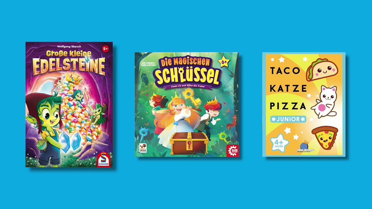 Nominiert für das Kinderspiel des Jahres 2024: Große kleine Edelsteine (Schmidt), Die magischen Schlüssel (Game Factory/Happy Baobab), Taco Katze Pizza Junior (Blue Orange)