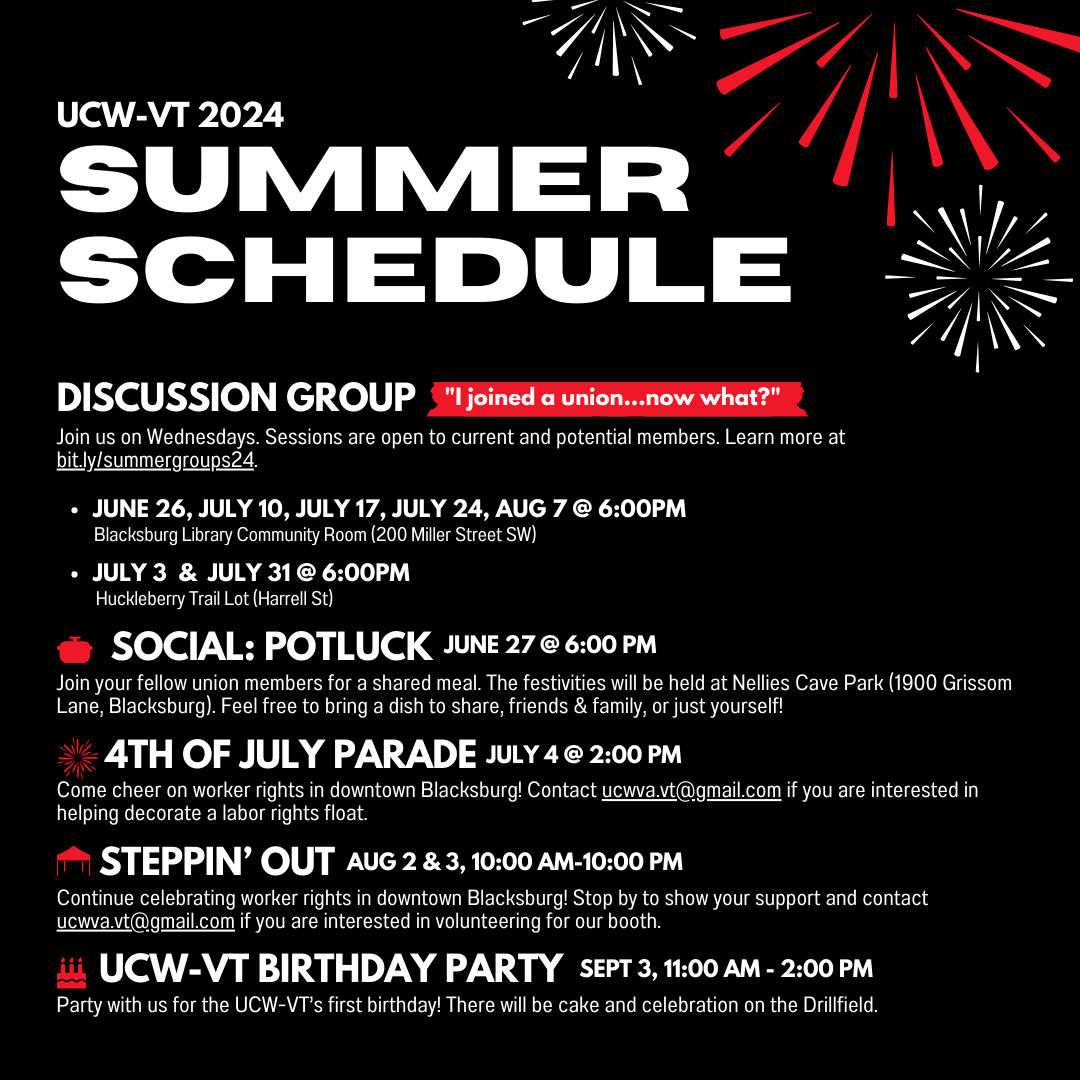Haven't you heard? It's Hot Labor Summer 2: 2 Fight 2 Organize!!!!
We have a whole list of events this summer for new and old members to find out what we do and how to get involved!