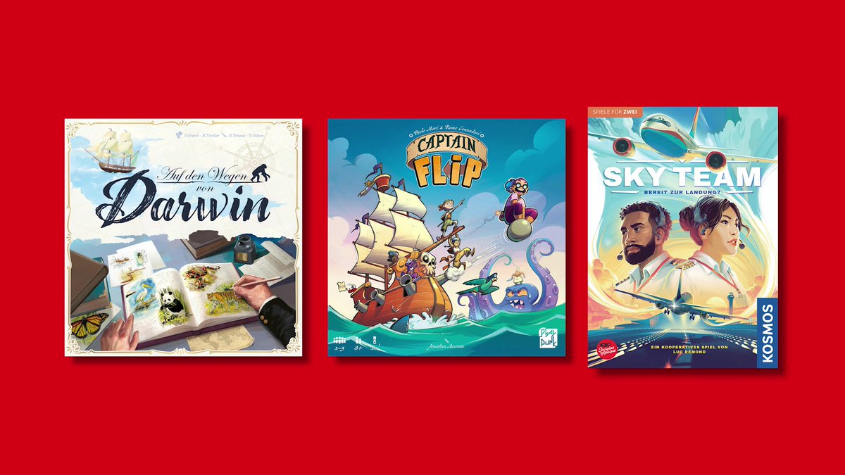 Nominiert für das Spiel des Jahres 2024: Auf den Wegen von Darwin (Sorry We Are French), Captain Flip (PlayPunk), Sky Team von Luc (Kosmos/Scorpion Masqué)