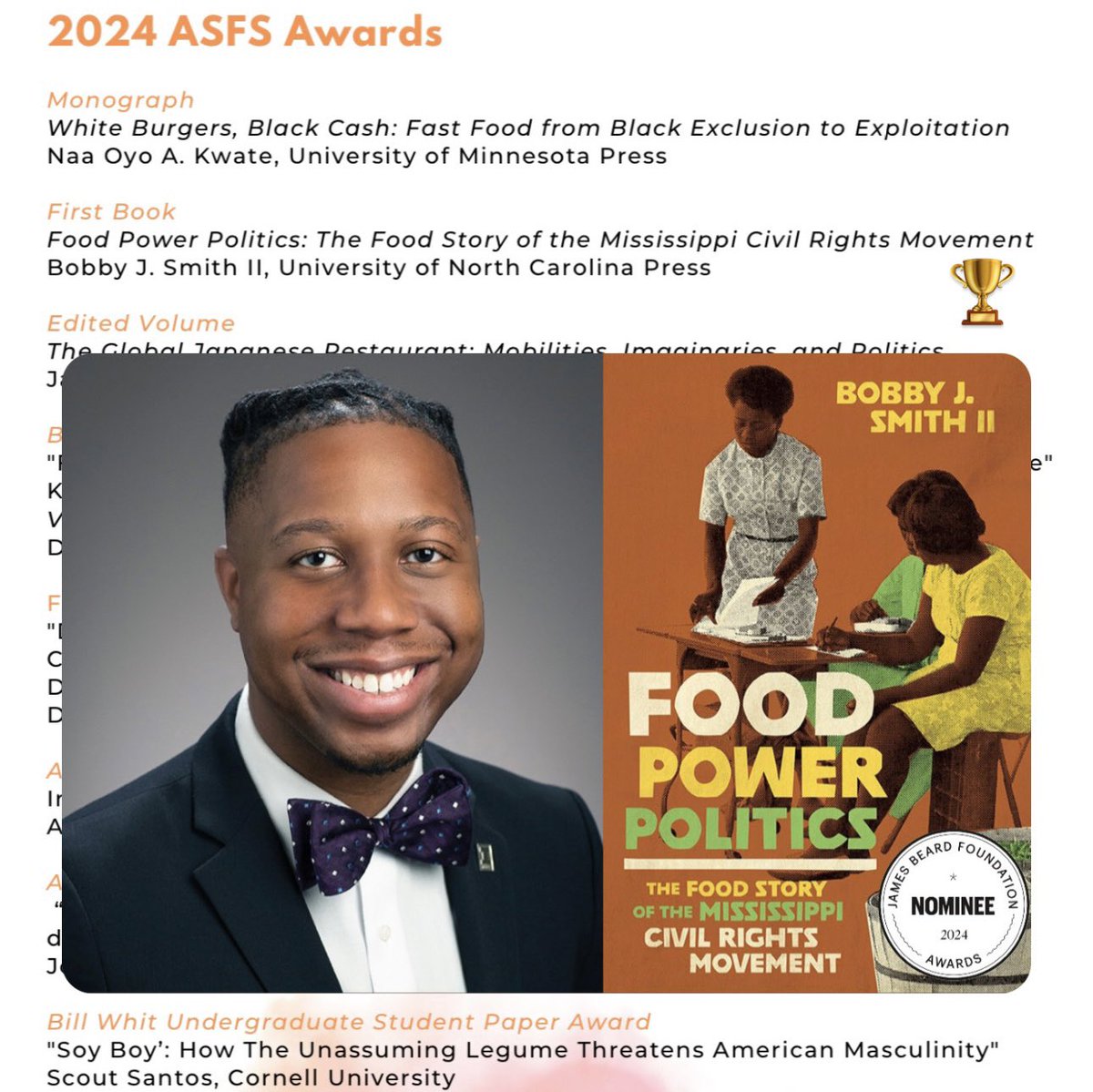 Dr. Bobby J. Smith II (@b_classic) on Twitter photo ๐๐๐ Iโm thrilled to share that my book Food Power Politics won the 2024 Association for the Study of Food & Society (<a href="/ASFS_org/">ASFS</a>) First Book Prize!
ASFS is the premier professional organization for Food Studies & I am thankful to be honored by my peers! More soon. #GodIsAble ๐๐พ ๐๐๐ Iโm thrilled to share that my book Food Power Politics won the 2024 Association for the Study of Food & Society (<a href="/ASFS_org/">ASFS</a>) First Book Prize!
ASFS is the premier professional organization for Food Studies & I am thankful to be honored by my peers! More soon. #GodIsAble ๐๐พ