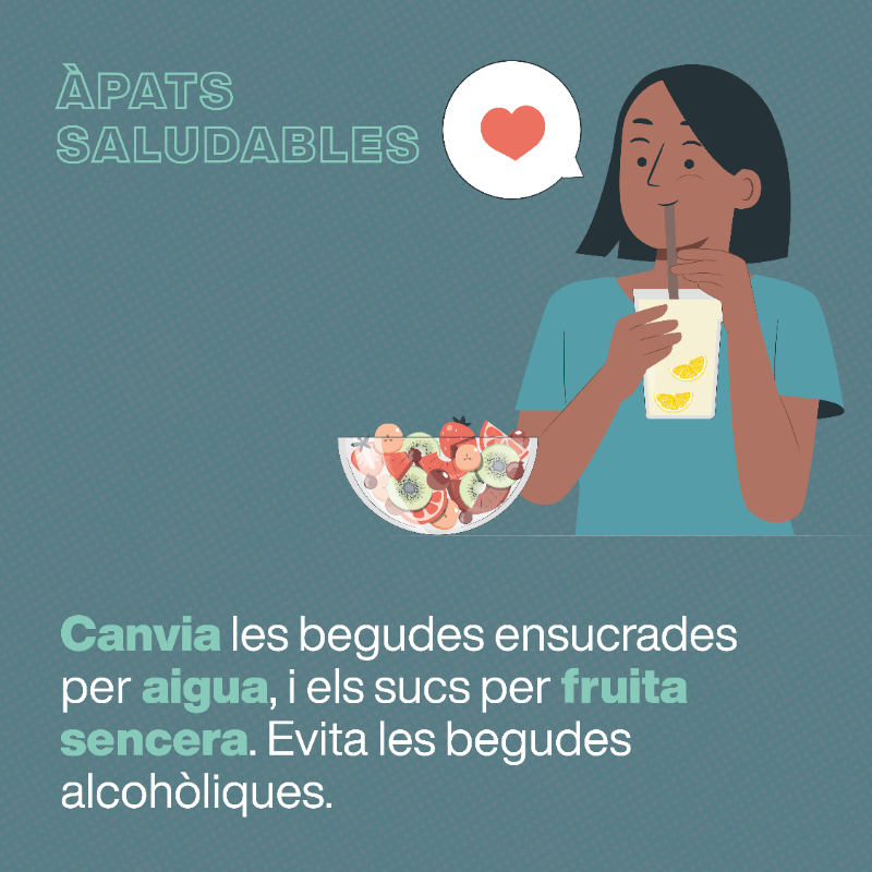 salutcat's tweet photo. 🍉 Una dieta més saludable és possible fent petits canvis per menjar millor! Pren nota:

👍  Menja més fruita i hortalisses, llegums i fruita seca.

⬇ Pren menys sal, sucre, carn vermella i aliments processats.

🥤  Canvia les begudes ensucrades per aigua