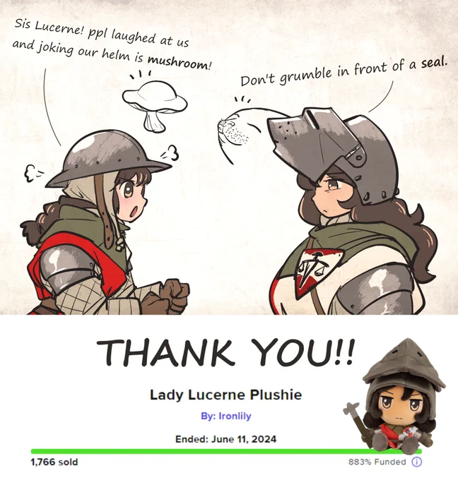 The Lady Lucerne Plushie Campaign has ended, and it was surprisingly near the first Ordo Mediare Sister plushie's number!🙏😭💕

Now we wait for the 1,766 Lucerne plushies completed and fly over the world in September!

BIG thank to everyone for the funding and support!
Also, 