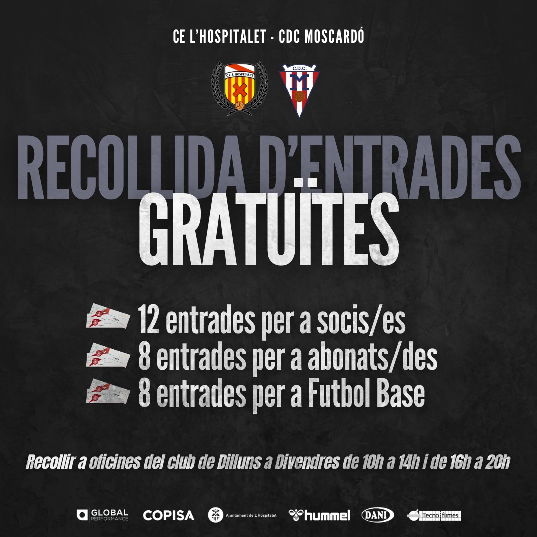CE L'Hospitalet (@celhospitalet) on Twitter photo 📢Afició! #Volem4000, o més!
🎟️Disponibles a oficines les entrades gratuïtes per a socis/es, abonats/es i famílies de <a href="/CELHFutbolBase/">CE L'Hospitalet Futbol Base</a> i <a href="/CELHFemeni/">CE L'Hospitalet Femení</a>. 
🛜También online, disponibles entradas para público general de manera anticipada a 10€: hospitalet.deporges.com/entradas/
#SomdePlayOff 📢Afició! #Volem4000, o més!
🎟️Disponibles a oficines les entrades gratuïtes per a socis/es, abonats/es i famílies de <a href="/CELHFutbolBase/">CE L'Hospitalet Futbol Base</a> i <a href="/CELHFemeni/">CE L'Hospitalet Femení</a>. 
🛜También online, disponibles entradas para público general de manera anticipada a 10€: hospitalet.deporges.com/entradas/
#SomdePlayOff