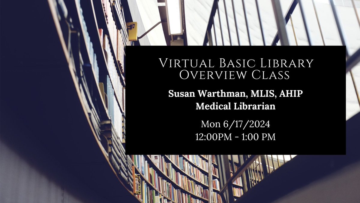 Brigham Education Institute (@brighambei) on Twitter photo Please join <a href="/susan_warthman/">Susan Warthman, MLIS, AHIP</a> for a "Virtual Basic Library Overview Class" on Mon 6/17/24, 12-1PM!
<a href="/BrighamResearch/">Brigham and Womenâs Research</a> <a href="/BrighamEndo/">Brigham and Womenâs Endocrinology</a>
#MedEd
bit.ly/v-bloc-6-2024 Please join <a href="/susan_warthman/">Susan Warthman, MLIS, AHIP</a> for a "Virtual Basic Library Overview Class" on Mon 6/17/24, 12-1PM!
<a href="/BrighamResearch/">Brigham and Womenâs Research</a> <a href="/BrighamEndo/">Brigham and Womenâs Endocrinology</a>
#MedEd
bit.ly/v-bloc-6-2024