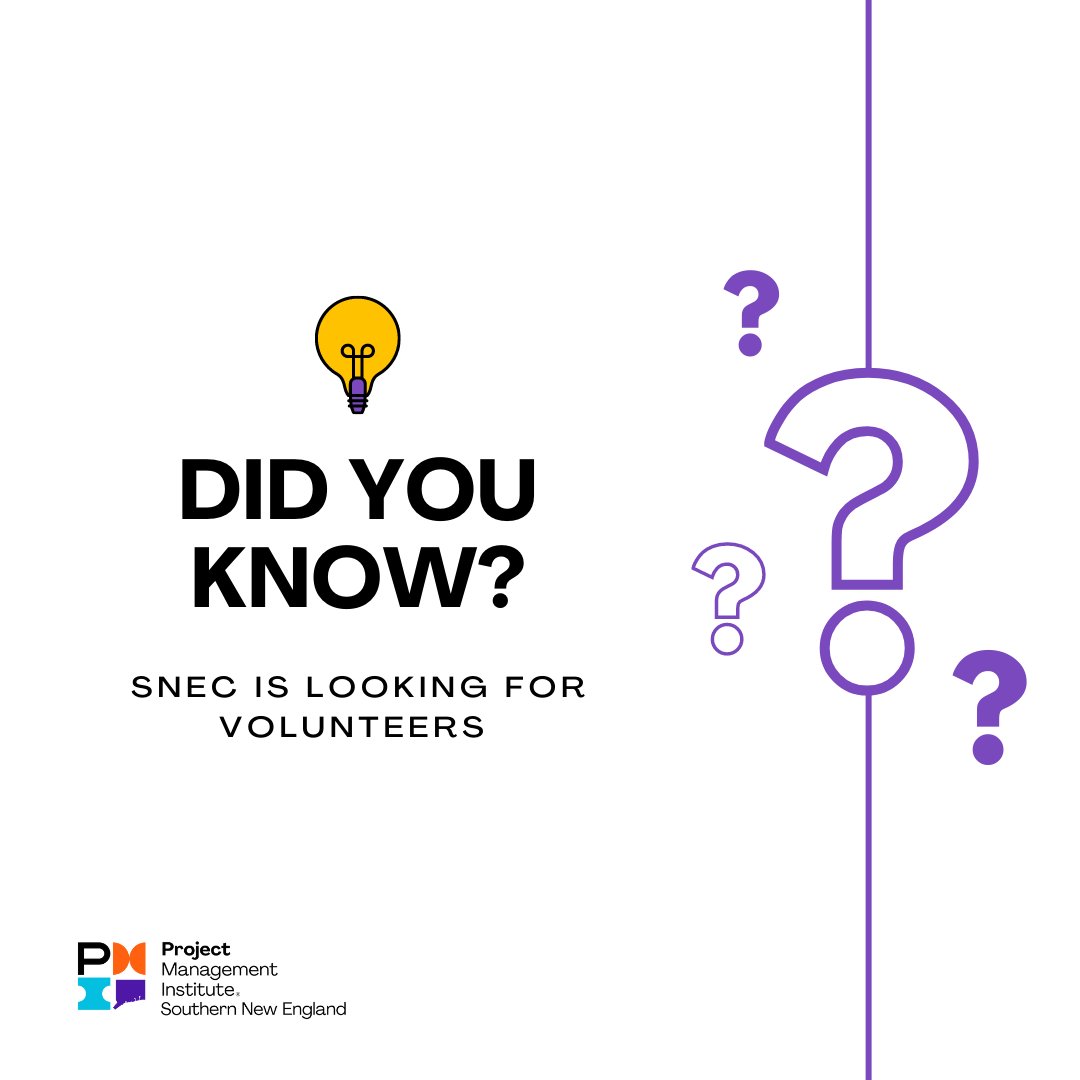 Active project managers like you are crucial to our chapter. 

You could:
1️⃣ Host a chapter meeting
2️⃣ Speak at an event
3️⃣ Volunteer

Make an impact on the industry. Your involvement matters!

View opportunities: [snec-pmi.org/Get_Involved]

#SNECPMI #PMI #Volunteer