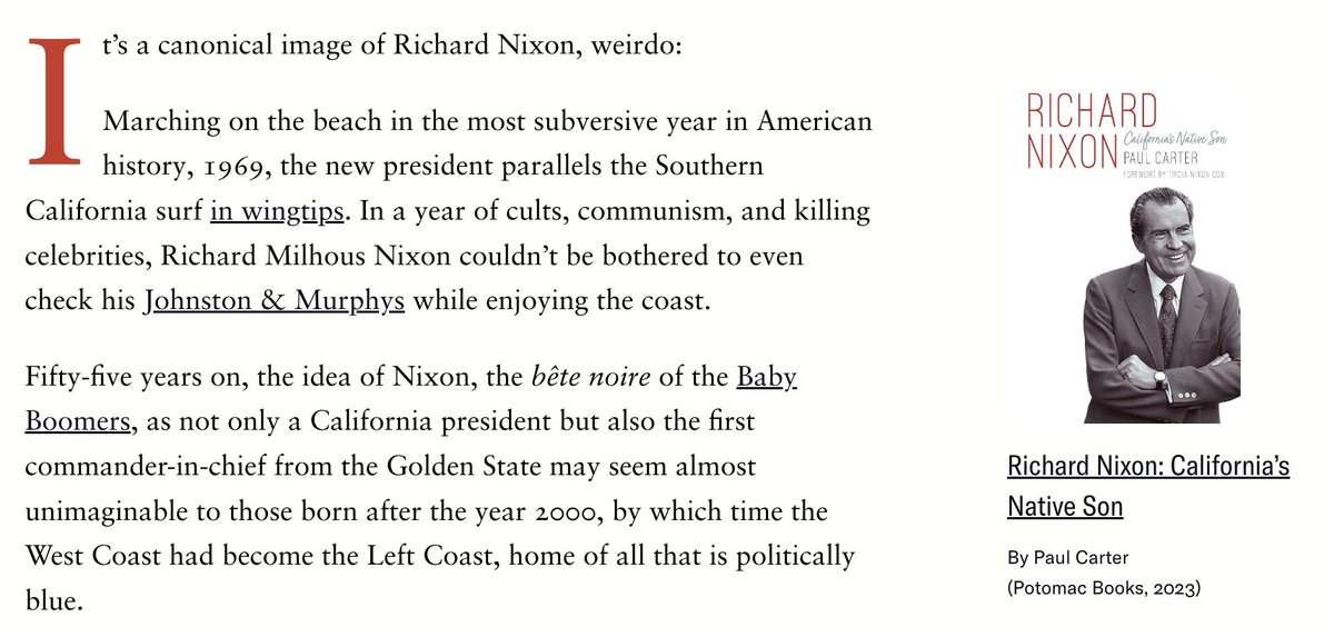 Modern Age (@modagejournal) on Twitter photo The Watergate legend overshadows the real Richard Nixon.
His life is “more SoCal sunshine” than in the popular telling, writes <a href="/amconmag/">The American Conservative</a>’s <a href="/CurtMills/">Curt Mills</a> in his review of <a href="/PaulCarterCA/">Paul Carter</a>’s <a href="/PotomacBooks/">Potomac Books</a> biography of Nixon as a Californian. The Watergate legend overshadows the real Richard Nixon.
His life is “more SoCal sunshine” than in the popular telling, writes <a href="/amconmag/">The American Conservative</a>’s <a href="/CurtMills/">Curt Mills</a> in his review of <a href="/PaulCarterCA/">Paul Carter</a>’s <a href="/PotomacBooks/">Potomac Books</a> biography of Nixon as a Californian.