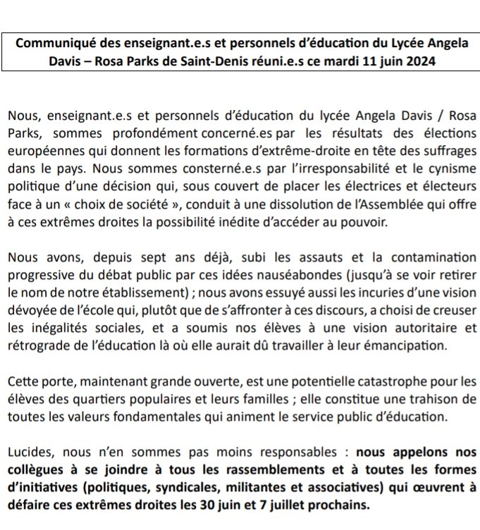 Communiqué du 11 juin 2024

"profondément choqué.e.s par les résultats deseuropéennes en faveur du RN et consterné.e.s par l’irresponsabilité du président... Nous appelons nos collègues à rejoindre toute forme de résistance et de mobilisation de gauche face au RN et à Macron"