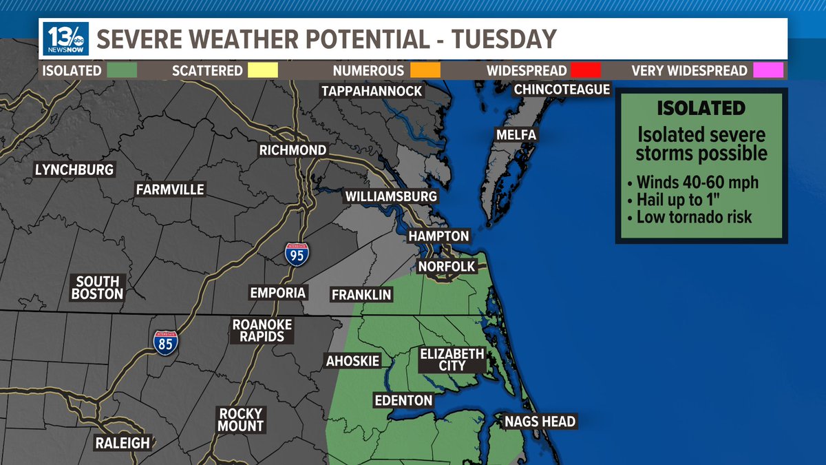 Much of Southside Hampton Roads and northeast North Carolina are under a Marginal (Level 1) risk of severe storms this afternoon and early evening. Activity should be fairly isolated, but storms that pop may produce gusty winds and possible hail. #13Weather #13NewsNow #vawx #ncwx