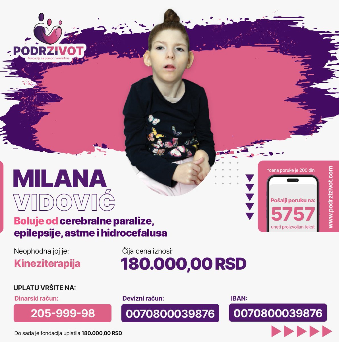 PodrziZivot's tweet photo. Pomozimo Milani slanjem SMS-a na 5757 ili donacijom na linku https://t.co/w6naYBBOPb

#podrzizivot #pomoc #humanost #zdravlje #sms #fondacija https://t.co/8ze451G0KZ