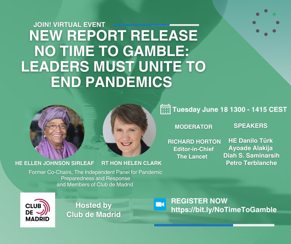 TheIndPanel's tweet image. Join us, when @TheIndPanel former Co-Chairs release a new report next Tuesday 18 June, 1300-1415 CET.
@HelenClarkNZ & @MaEllenSirleaf take a deep-dive to examine why we aren't ready for the next pandemic, and recommend steps that can make a difference.
✅@richardhorton1 will…