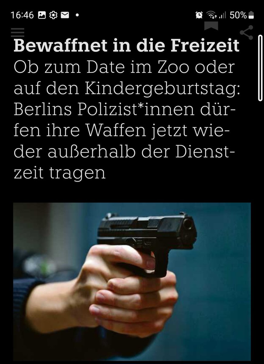 Polizist*innen dürfen ihre Waffen jetzt wieder außerhalb der Dienstzeit tragen. Bis zu 20.000 Waffen im Privatbereich erhöhen die Chance, dass die auch eingesetzt werden. #Femizid #polizeiproblem 
taz.de/!6013102