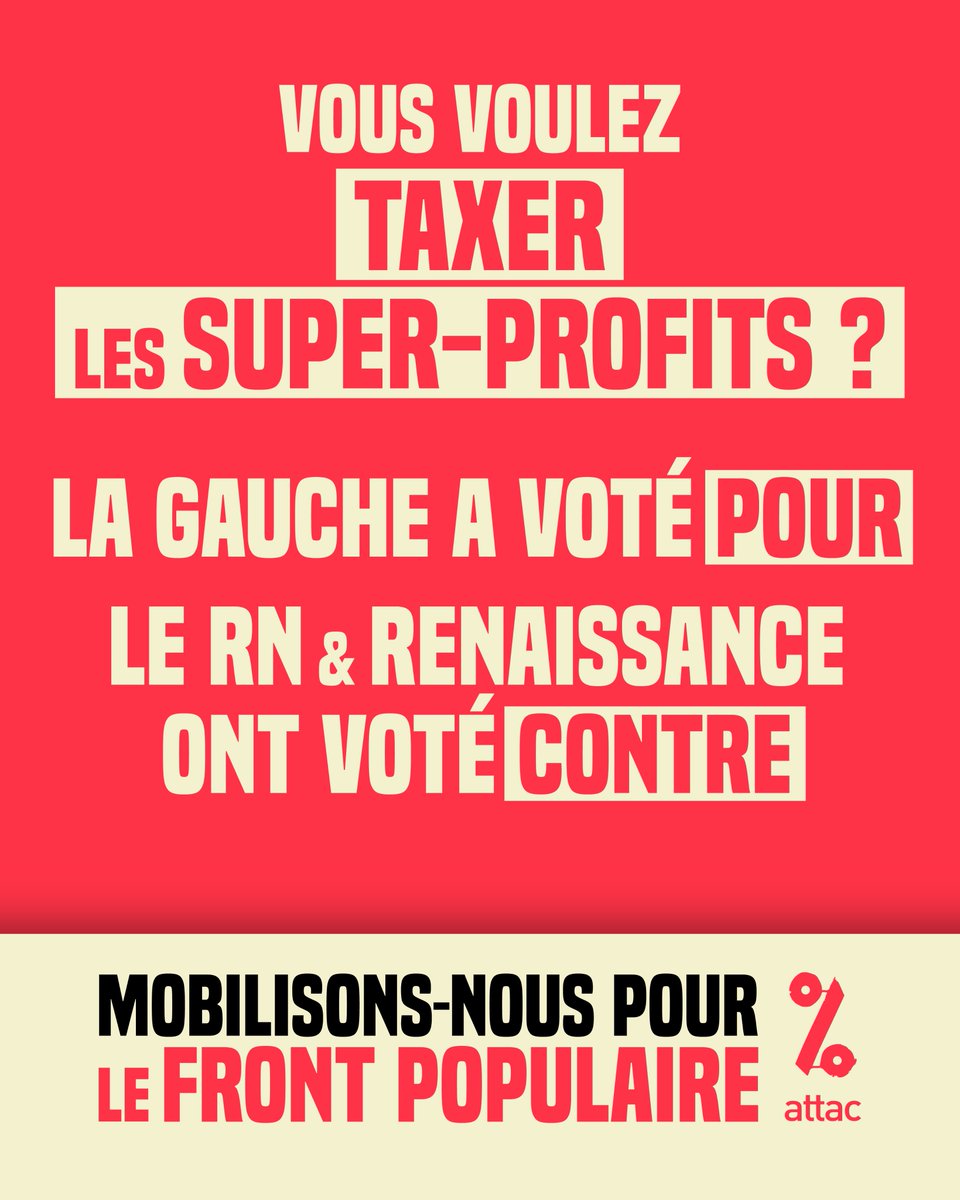 Vous voulez taxer les super-profits ?

La gauche a voté pour.
Le RN &amp; Renaissance ont voté contre.

Mobilisons nous pour le #FrontPopulaire 🔥