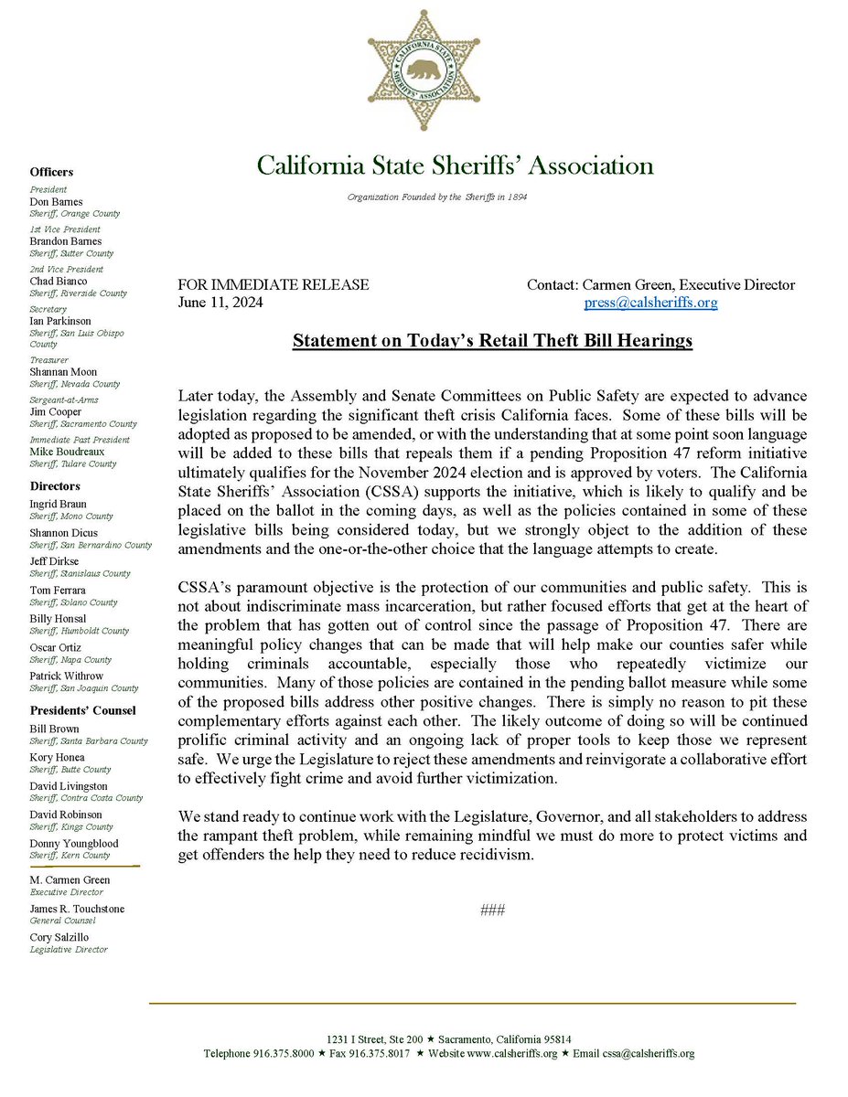 CSSA (@calsheriffs) on Twitter photo FOR IMMEDIATE RELEASE
Contact: Carmen Green, Executive Director
June 11, 2024
press@calsheriffs.org
Statement on Today’s Retail Theft Bill Hearings FOR IMMEDIATE RELEASE
Contact: Carmen Green, Executive Director
June 11, 2024
press@calsheriffs.org
Statement on Today’s Retail Theft Bill Hearings