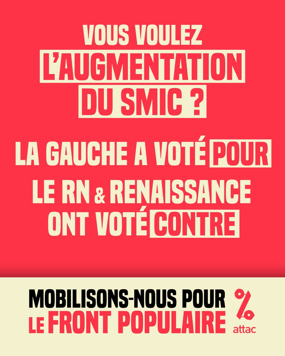Vous voulez l'augmentation du SMIC ?

La gauche a voté pour.
Le RN et Renaissance ont voté contre.

Mobilisons nous pour le #FrontPopulaire 🔥