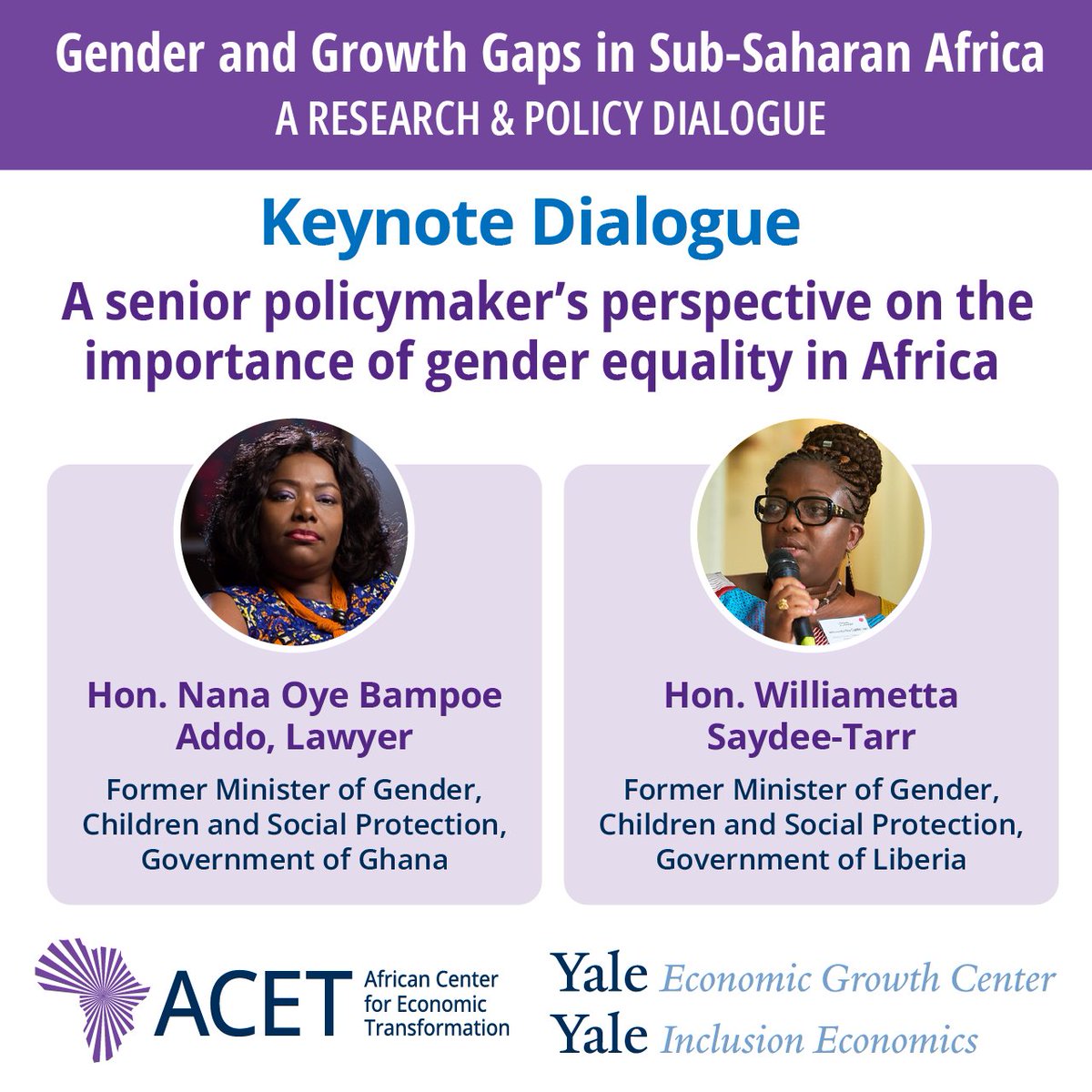 📢 Meet our keynote speakers for our upcoming #PolicyDialogue on Gender &amp; Growth Gaps in SSA on June 13! Hon. <a href="/NanaOyeBampoe/">Nana Oye Bampoe Addo</a> and Hon. <a href="/LakePiso/">Williametta Piso Saydee-Tarr</a> will lead an important dialogue on bridging gender disparities and driving inclusive growth. 

Join us for the discussion: