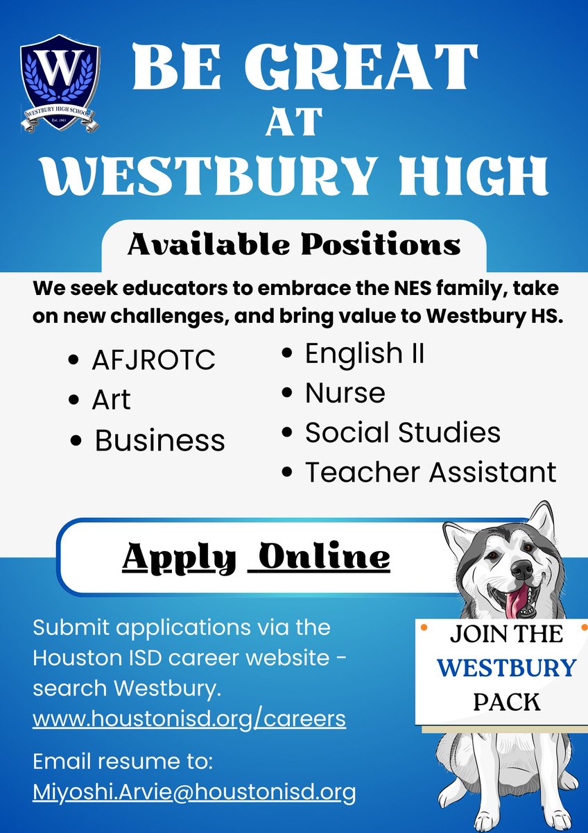 Exciting news! Westbury High School is hiring! We're looking for passionate educators and staff to join our vibrant community. Check out the available positions and apply today. <a href="/yolandabruce01/">Yolanda</a> <a href="/WestburyAthlet1/">Westbury Athletics</a> <a href="/WestburyMagnet/">Westbury Magnet</a> <a href="/WGocenter/">WestburyGoCenter</a>