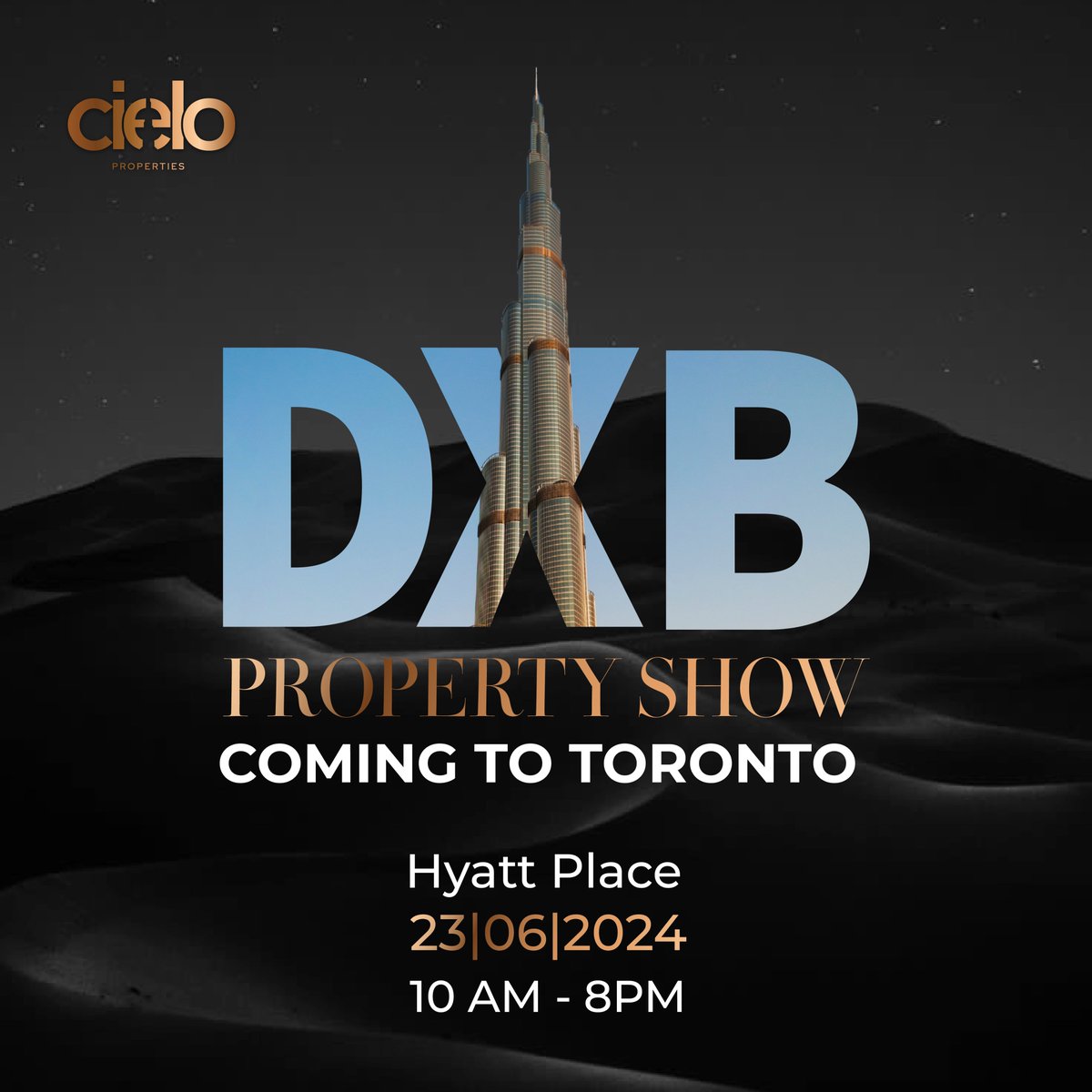 cieloproperties's tweet photo. You're invited to Dubai Unrivaled Property Show by Cielo Properties in Toronto

📅 When: June 23, 2024
⏰ Time: 10am - 8pm
📍 Where: Hayat Place, Toronto
Register: https://t.co/3oIDsfyPdO

Limited seats available! Don't miss out!

#propertyshow #propertyshowdubai #cielointoronto https://t.co/QUZe4OLoTi