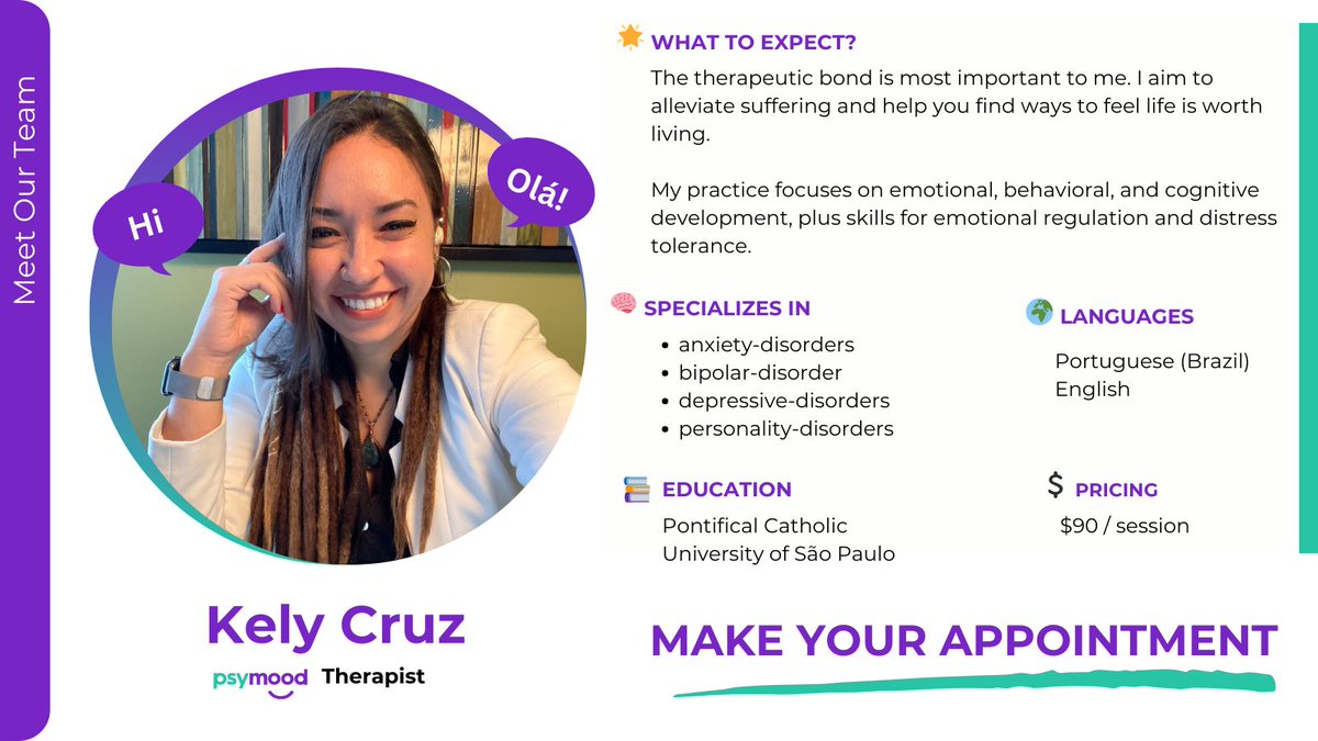 Meet our dedicated mental health team. 

This week’s spotlight: Kely Cruz, a compassionate and experienced Therapist.

🔗 Book now!
app.psymood.com/specialists/ke…

#PsyMood #MeetOurTeam #MentalHealth #Therapy #Psychology #Anxiety #Depression #BipolarDisorder #PersonalityDisorders