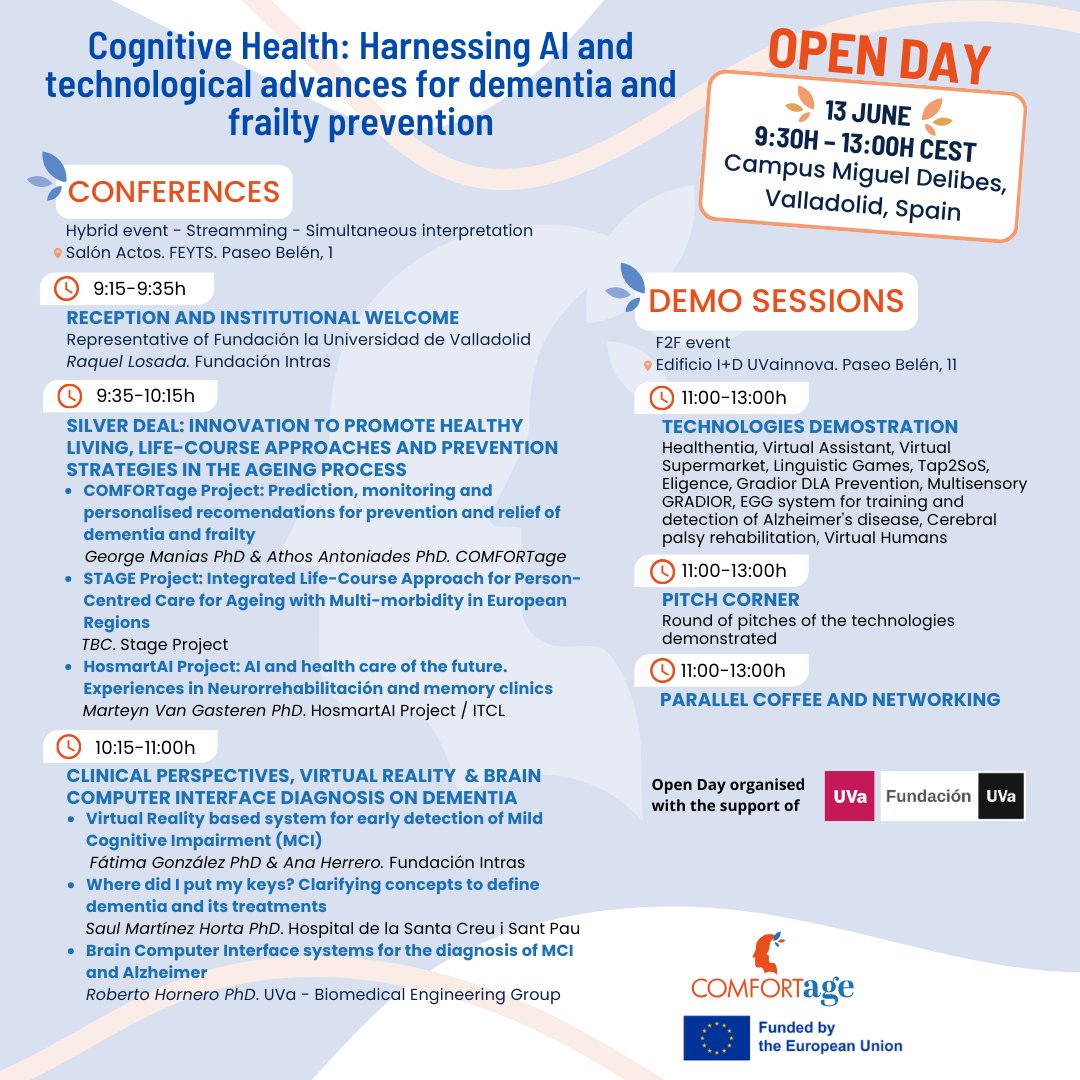 eCare PCP (@ecare_pcp) on Twitter photo Don't miss <a href="/comfortage_eu/">COMFORTage | Horizon EU Project</a> Project's Open day on cognitive health: Harnessing AI and technological advances for dementia and frailty prevention. Don't miss <a href="/comfortage_eu/">COMFORTage | Horizon EU Project</a> Project's Open day on cognitive health: Harnessing AI and technological advances for dementia and frailty prevention.
