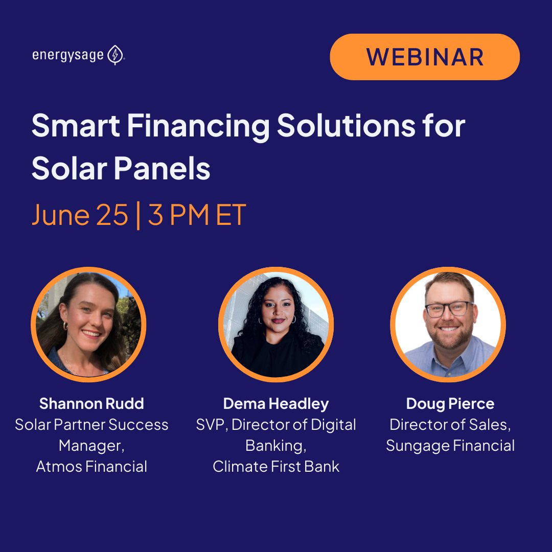 Thinking about making the transition to #solar energy but unsure how to pay for it? 

Join a webinar on June 25 with industry experts from <a href="/joinatmos/">Atmos Financial</a>,  <a href="/climate1stbank/">Climate First Bank</a>, and @sungage to dive into #solarfinancing options.

Register today → energysage.biz/3Xd5Nqh