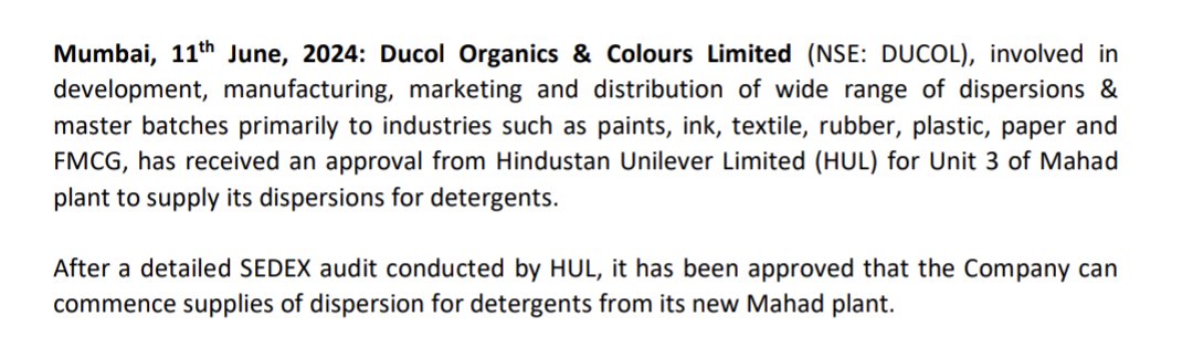 englopath's tweet photo. Ducol Organics & Colours Limited has received approval from HUL for Unit 3 of Mahad plant.
#englopath #HUL
#StocktoStudy
#Ducol_Organics_And_Colours_Limited https://t.co/5hnBX7FWoN