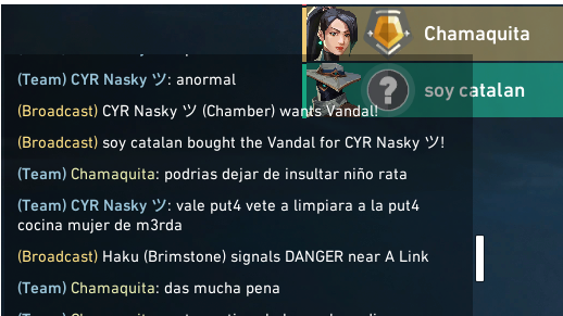 _srtamills's tweet photo. @VALORANTes @RiotSupportES @riotgames   
Si es que.. pasa tanto que me lo tomo a risa ya esto.
POV el CYR Nasky es un niño, yo soy Chamaquita. Insultó a otro compañero llamándole gordo, anormal, etc. Luego la cogió conmigo. https://t.co/7bbPMeTNsV