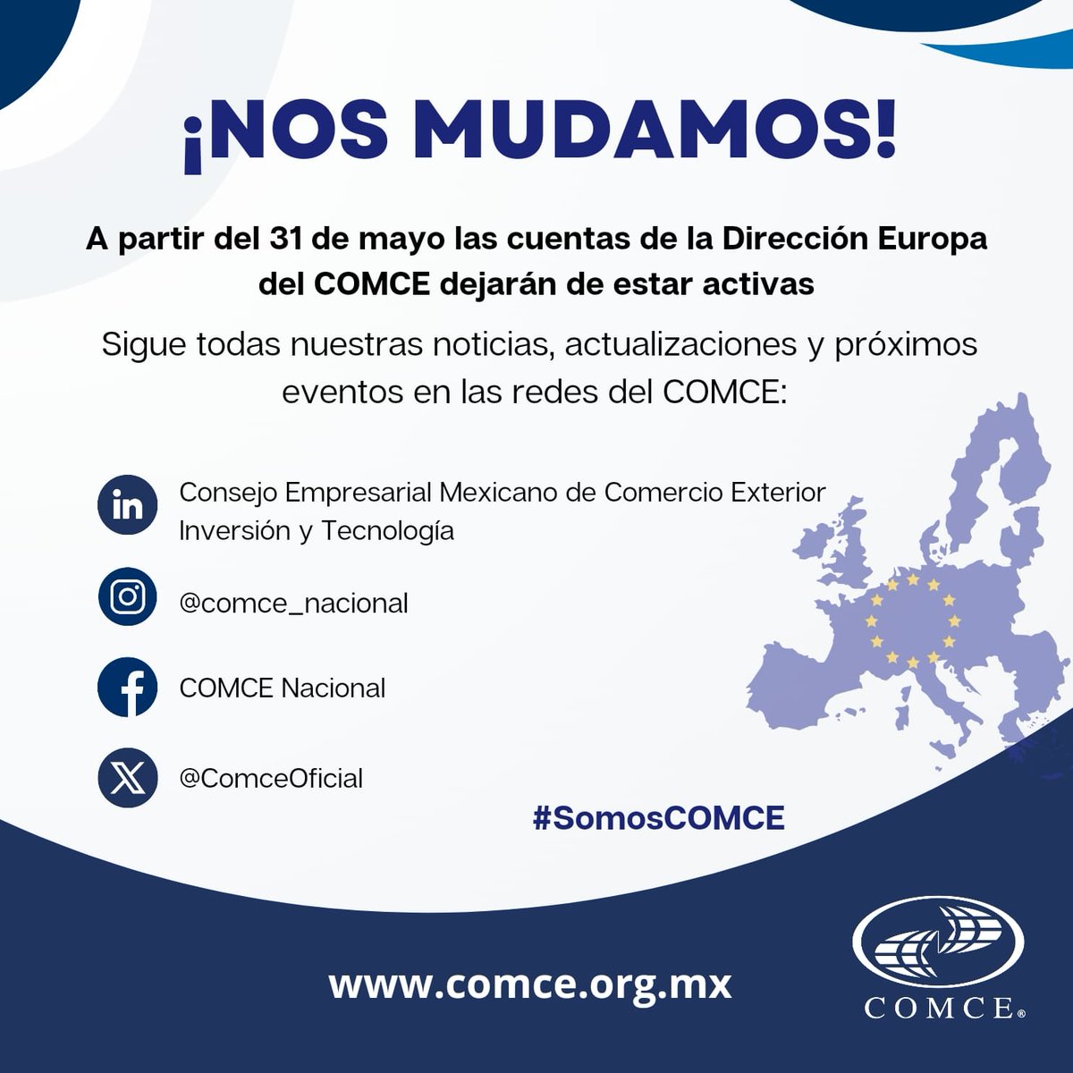 ComceEuropa's tweet photo. Entérate de todas nuestras noticias, próximos eventos y actualizaciones en las redes del #COMCE 

👉@ComceOficial https://t.co/ifTlB9HeH9