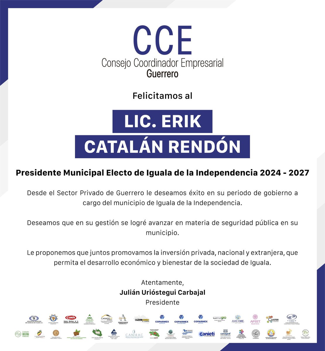 Felicitamos al Lic. Erik Catalán Rendón, Presidente Municipal Electo de Iguala de la Independencia para el periodo 2024 - 2027.