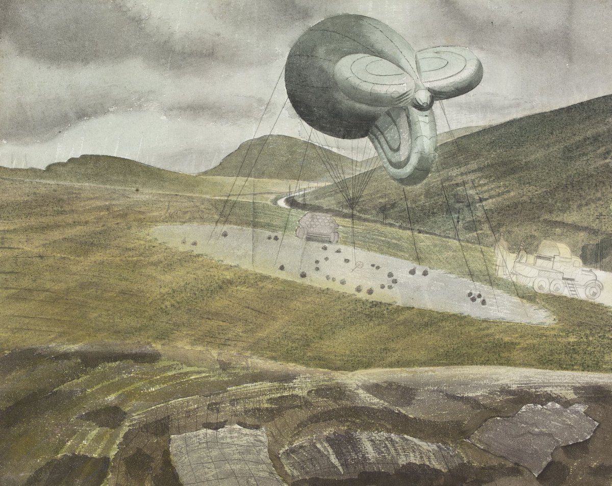 Barrage Balloons, Eric Ravilious, c.1940. Another of his unfinished #WW2 watercolours, the ghostly figures seem to give it even more impact. The original artwork is in the collection of <a href="/TownerGallery/">Towner Eastbourne</a>.