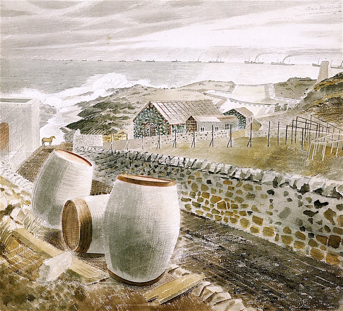 Ravilious1942's tweet photo. Convoy Passing An Island, Eric Ravilious, 1941. Made when Ravilious visited the Isle of May, in the mouth of the Firth of Forth in the autumn of 1941 during his work as a War Artist. The original artwork is in the collection of @Brit_VisualArts. #Scotland https://t.co/pPphpLeA5U