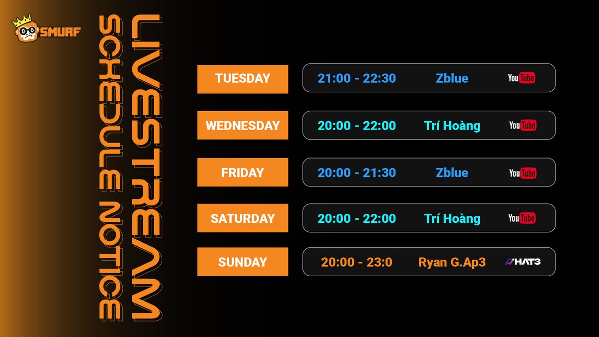 Smurfvn's tweet photo. WEEKLY LIVESTREAM SCHEDULE UPDATE📜
🔥This week is going to be lit! Let us know in the comments below which livestream you are most excited for!
#smurf #smurfvn #livestreams #smurf #zblue #trihoang #ryangape3 #streamer #trending https://t.co/SdLPEWKcGL