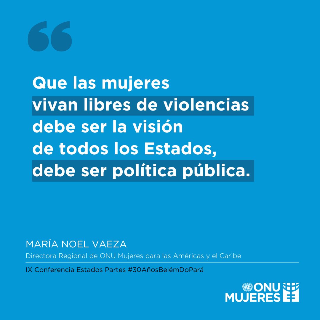 “Que las mujeres vivan libres de violencias debe ser la visión de todos los Estados, debe ser política pública”. 
– @mnvonumujeres Directora Regional <a href="/ONUMujeres/">ONU Mujeres</a> durante IX Conferencia de Estados Partes #30AñosBelémDoPará <a href="/MESECVI/">MESECVI-OEA CEVI</a> <a href="/MinMujeryEG/">Ministerio de la Mujer y la Equidad de Género</a> <a href="/ONUMujeresChile/">ONU Mujeres Chile</a>
