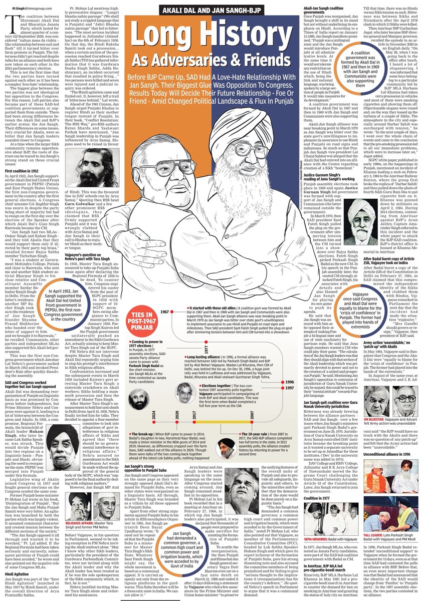 ipsinghTOI's tweet photo. Akali Dal and Jan Singh-BJP: Long history as adversaries &amp; friens ..

Read more at:
https://t.co/O1MVF7R74m

Here is tracking their complex ‘love-hate’ relationship, starting from 1952
Understanding the  roots of distrust of BJP in the larger Sikh community https://t.co/bxbZaGHYqz